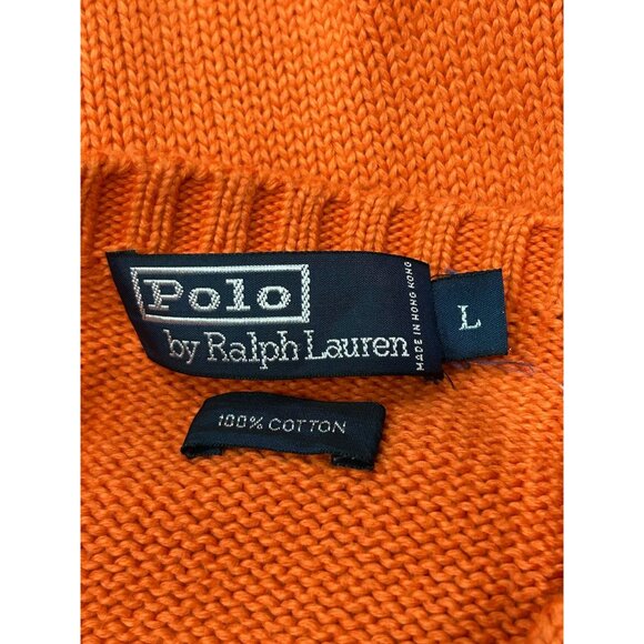 Polo By Ralph Lauren Orange Cotton Knit Crewneck Sweater Green Logo Size L - Picture 6 of 10